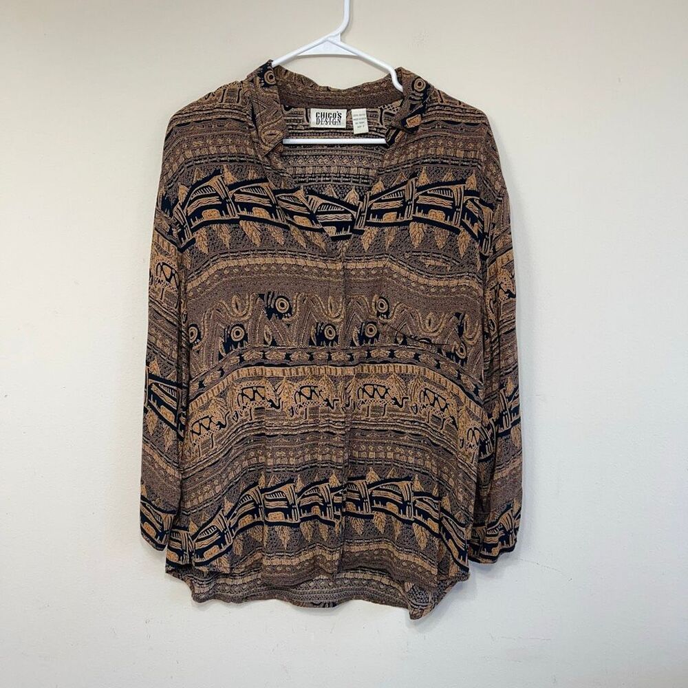 Chico's Design Womens Tribal Print Rayon Button-up Shirt Blouse Brown Sz 2/Large